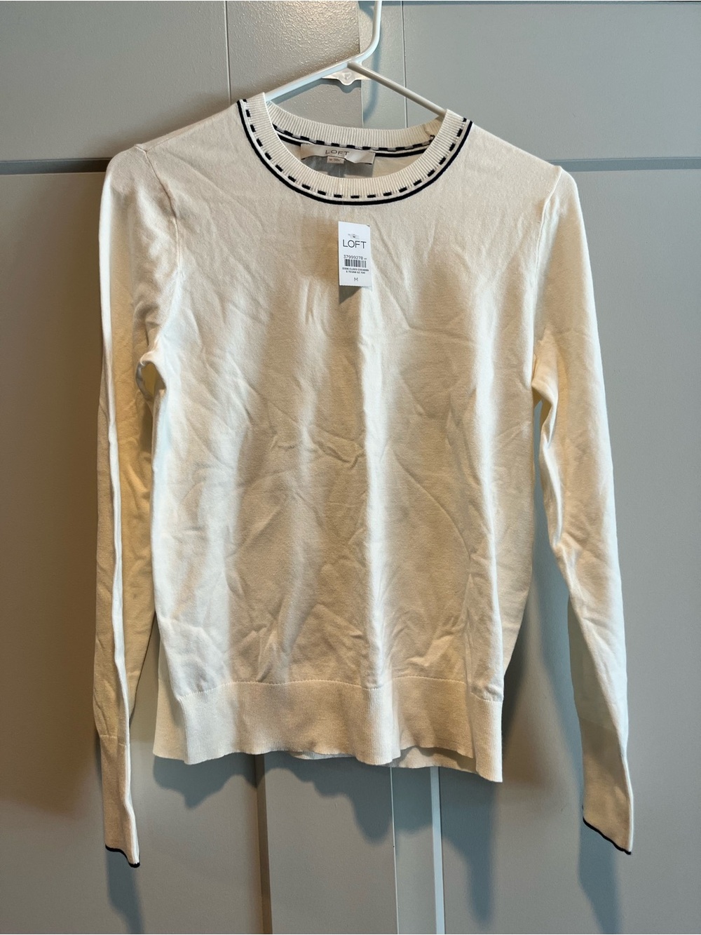 LOFT Cream Crewneck Sweater with Navy Trim